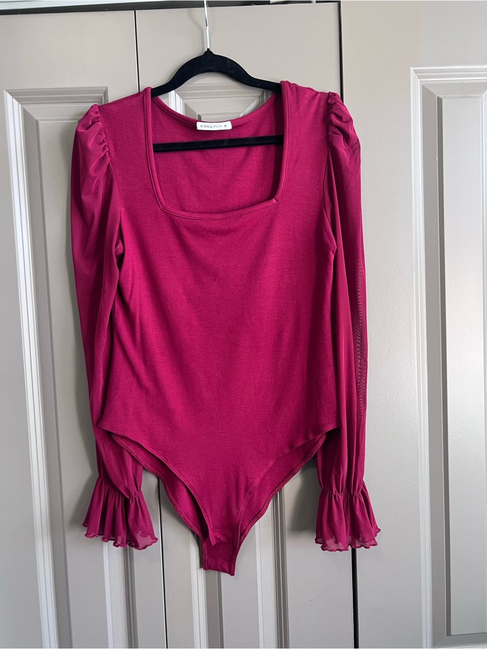 Mango Fuchsia Square-Neck Long-Sleeve Bodysuit with Ruffle Cuffs